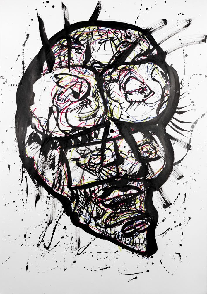 A face drawn in black sumi ink and coloured pen on paper