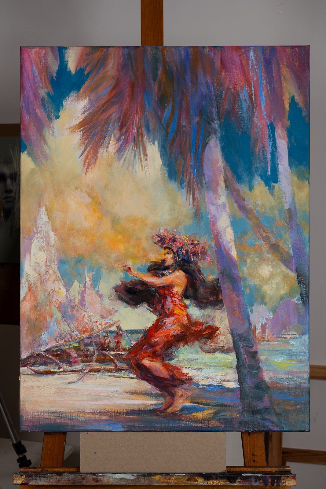 A finished painting of a dancer, photographed straight on the easel