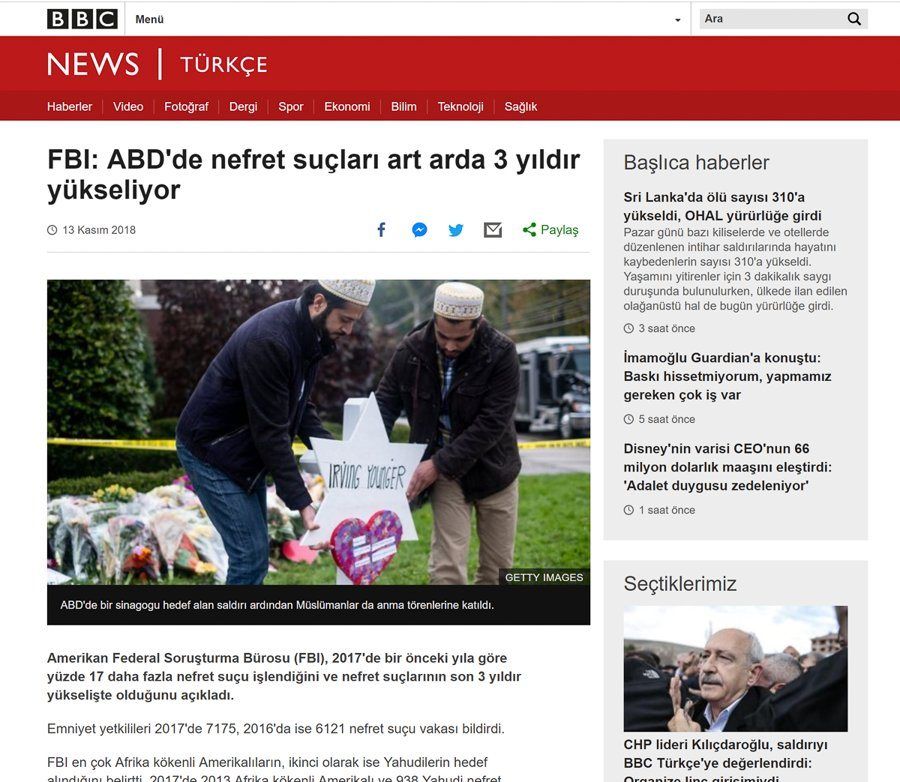 BBC NEWS TÜRKÇE page with the photograph: FBI report on rising hate crimes