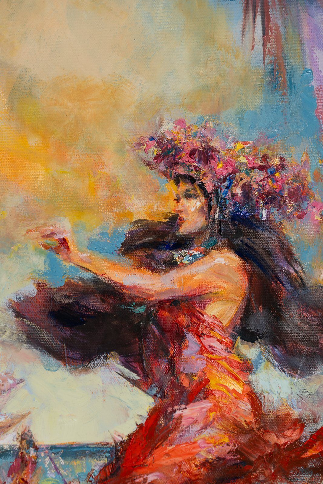 Close view of a dancer in red, mid-movement