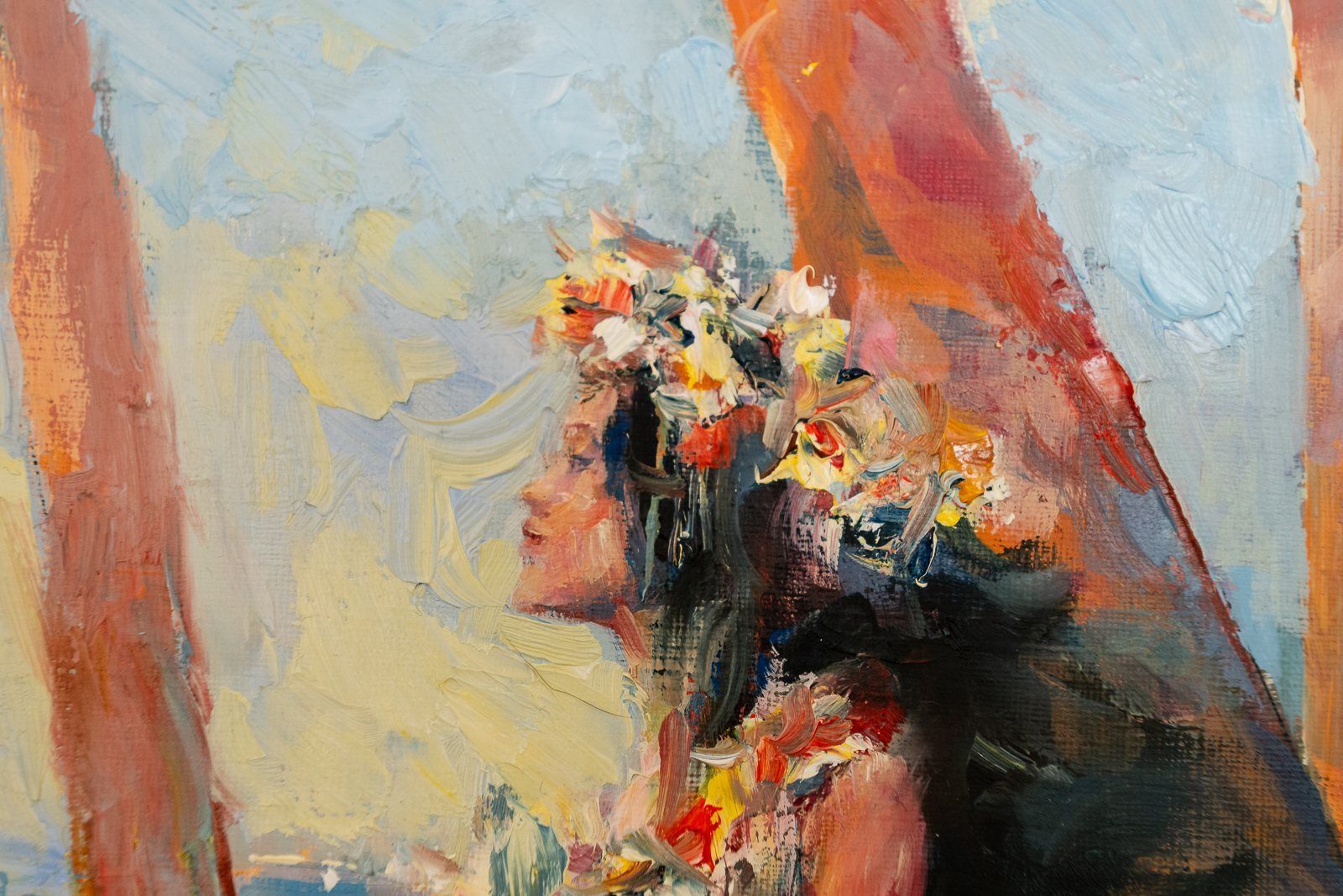 Detail of a painting: a dancer with flowers in her hair
