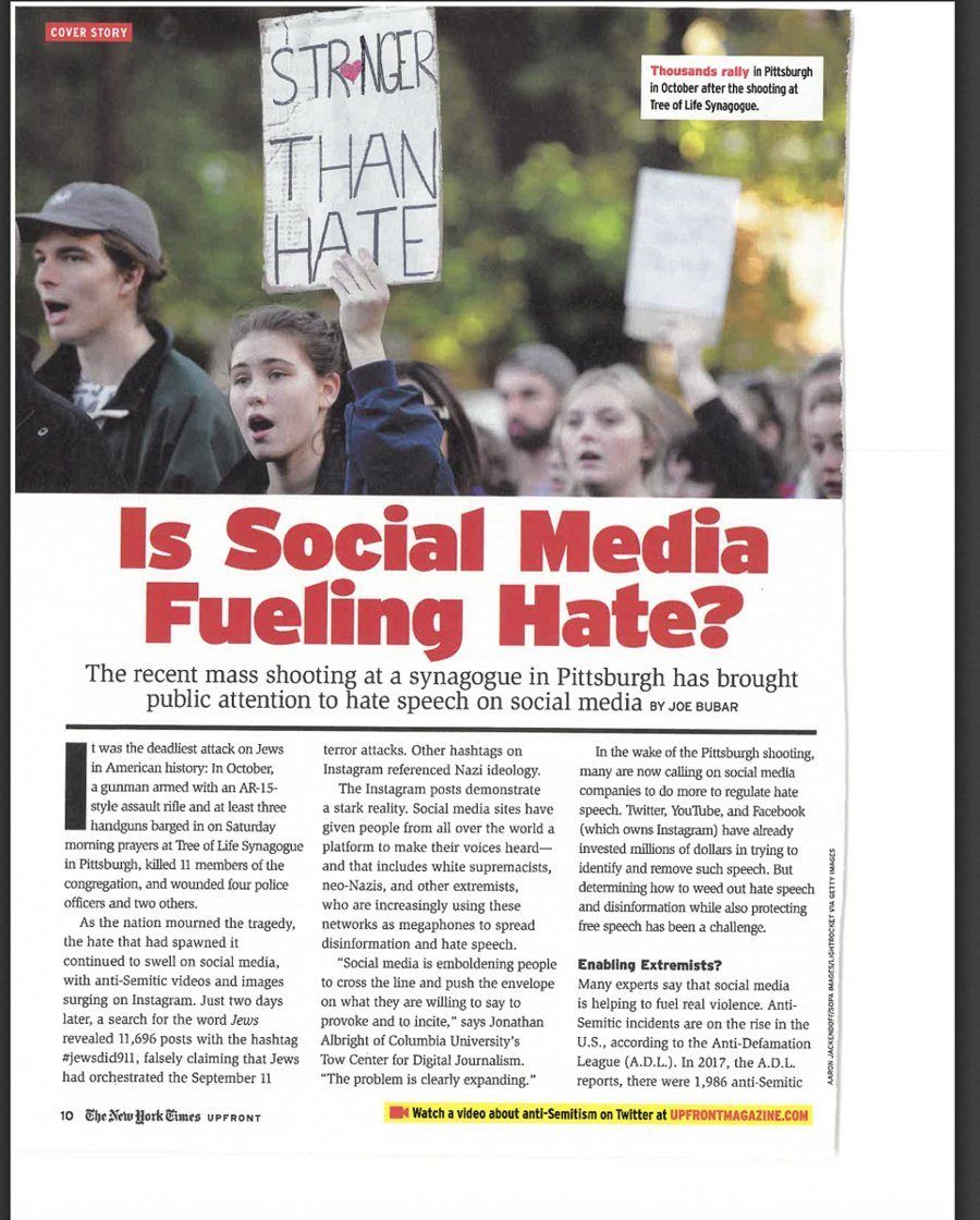 THE NEW YORK TIMES UPFRONT page with the photograph: Is Social Media Fueling Hate? (print)