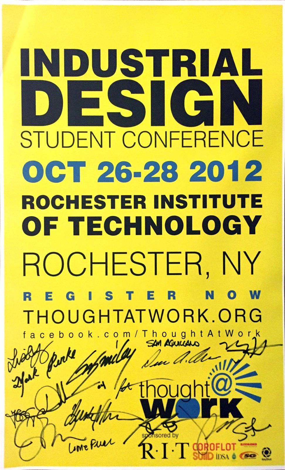 The yellow 2012 Thought at Work conference poster, signed by the speakers