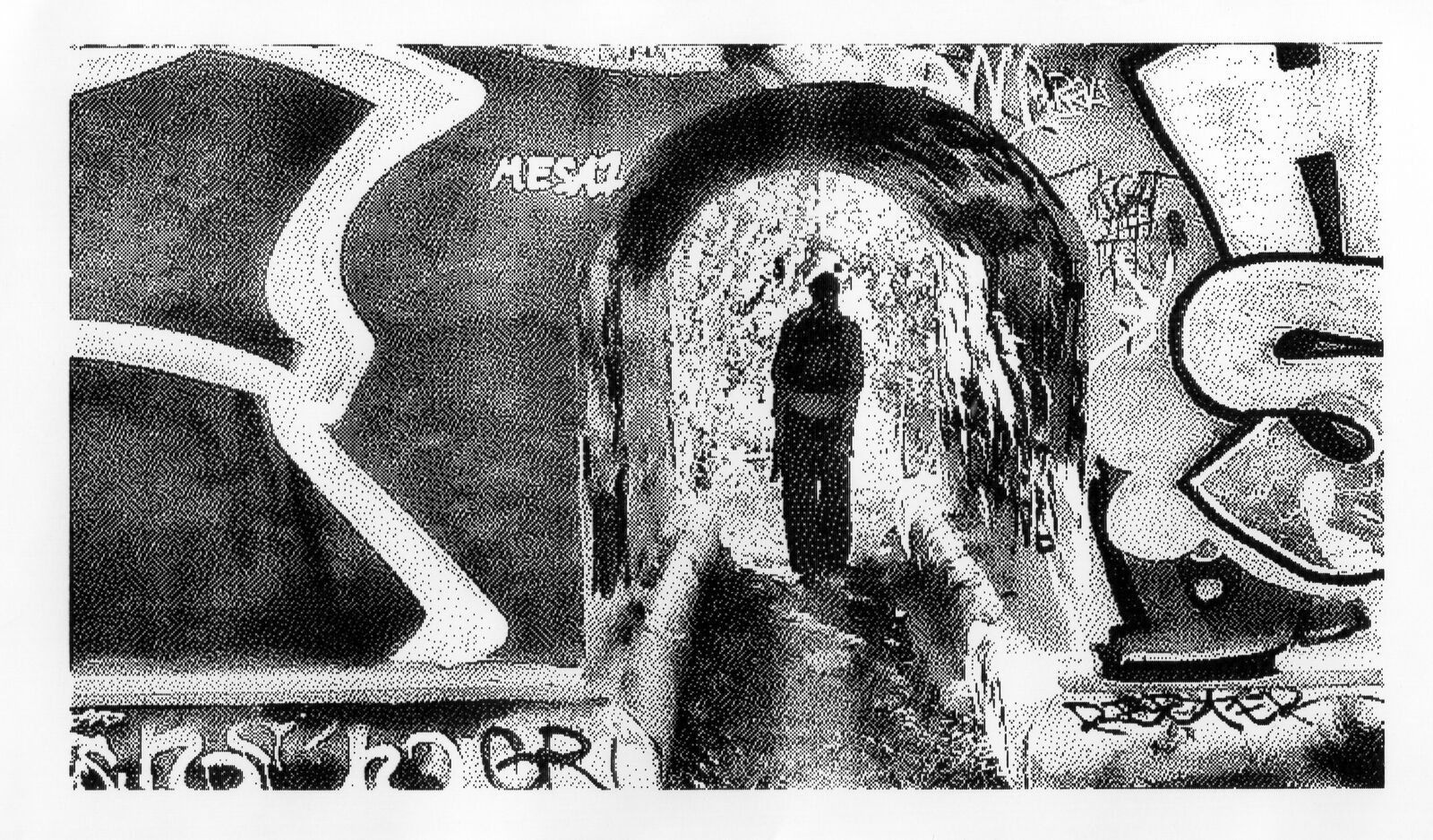 Thermal print: a figure in a graffiti tunnel
