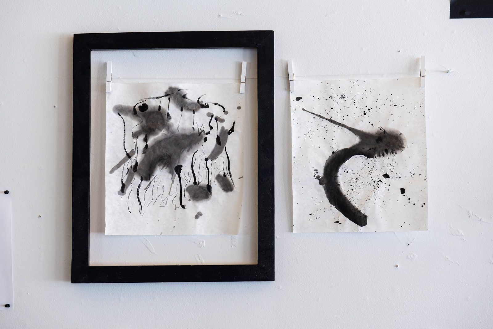 Two works on rice paper, one framed